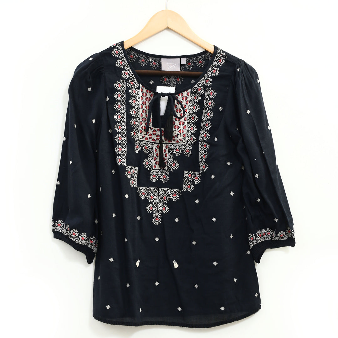 Vanessa Virginia Anthropologie Embroidered Stitched Medallions Top