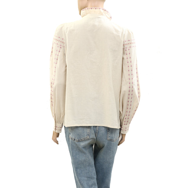 Sezane Chlo Buttondown Shirt Embroidered Ruffle Blouse Top