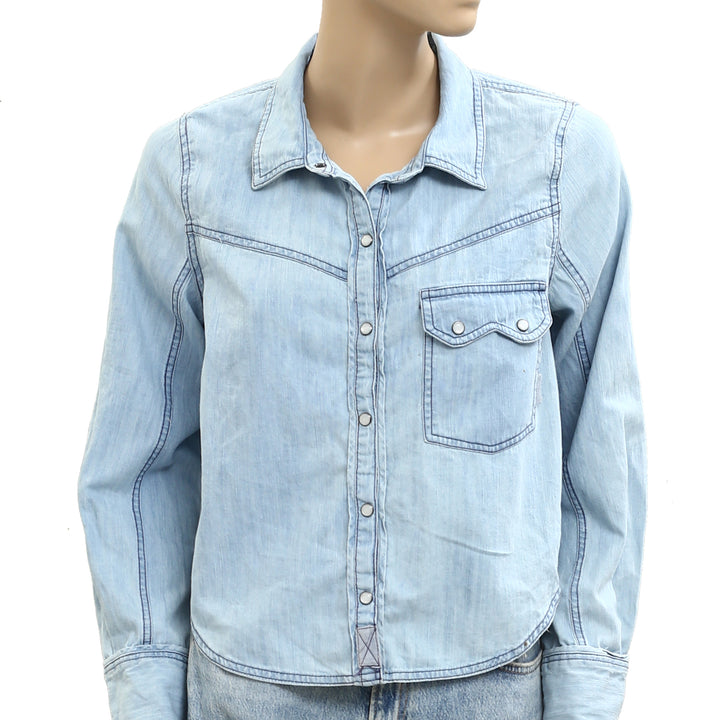 Free People We The Free Shrunken Denim Indigo Blouse Top