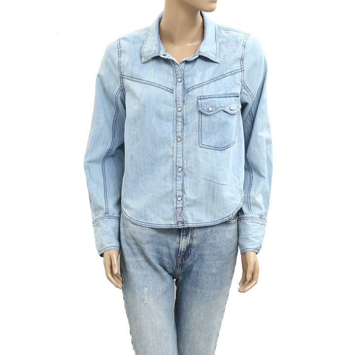 Free People We The Free Shrunken Denim Indigo Blouse Top