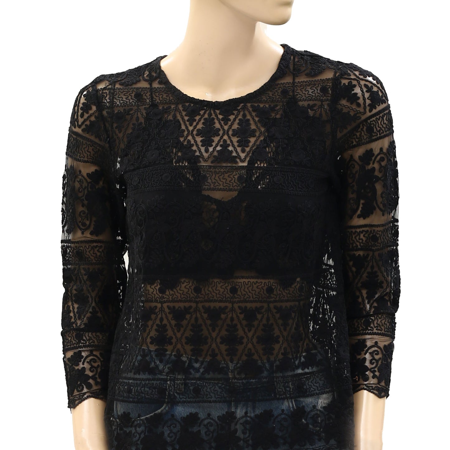 Denim & Supply Ralph Lauren Mesh Embroidered Black Blouse Top