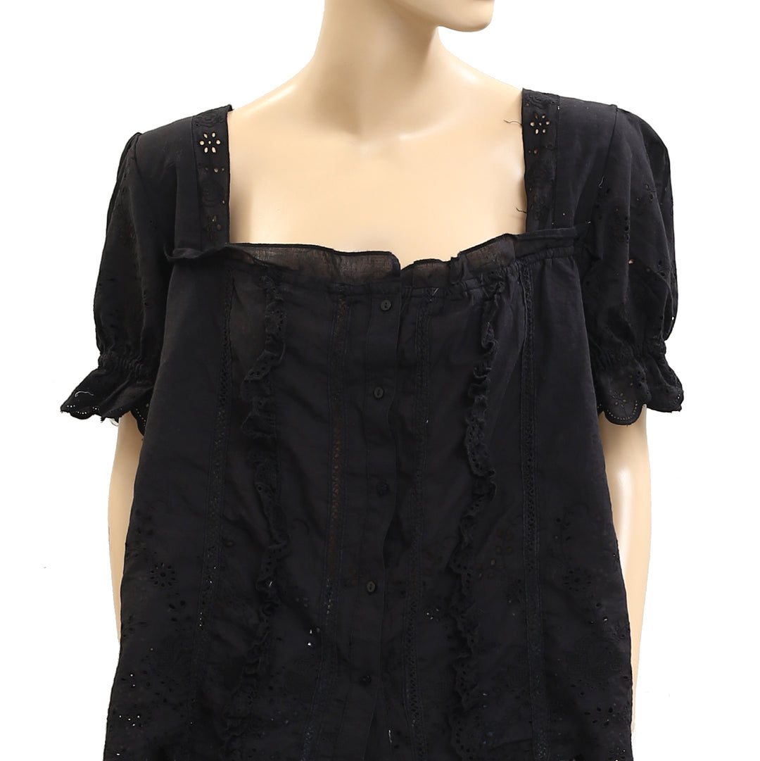 By Anthropologie Puff-Sleeve Eyelet Blouse Top