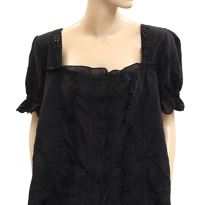 By Anthropologie Puff-Sleeve Eyelet Blouse Top