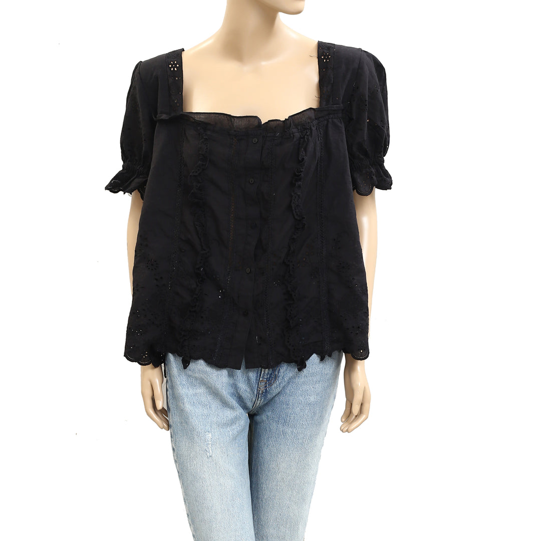 By Anthropologie Puff-Sleeve Eyelet Blouse Top