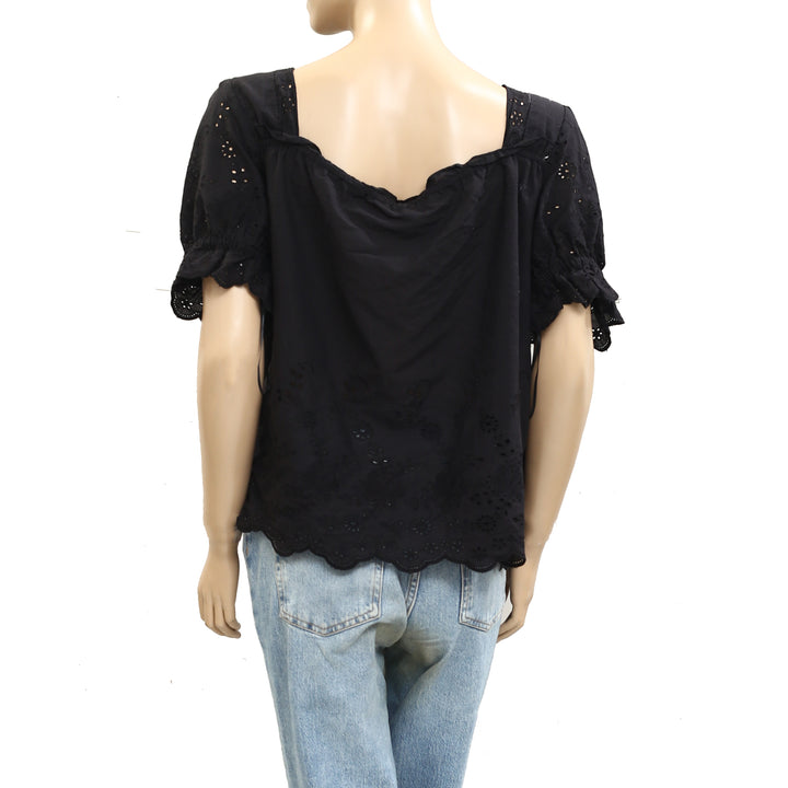 By Anthropologie Puff-Sleeve Eyelet Blouse Top