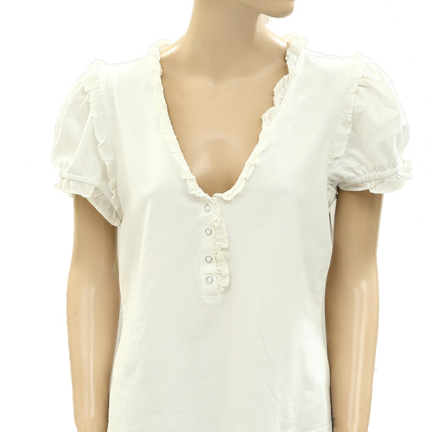 Maeve Anthropologie Puff-Sleeve Ruffle Henley Tee Blouse Top