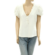 Maeve Anthropologie Puff-Sleeve Ruffle Henley Tee Blouse Top