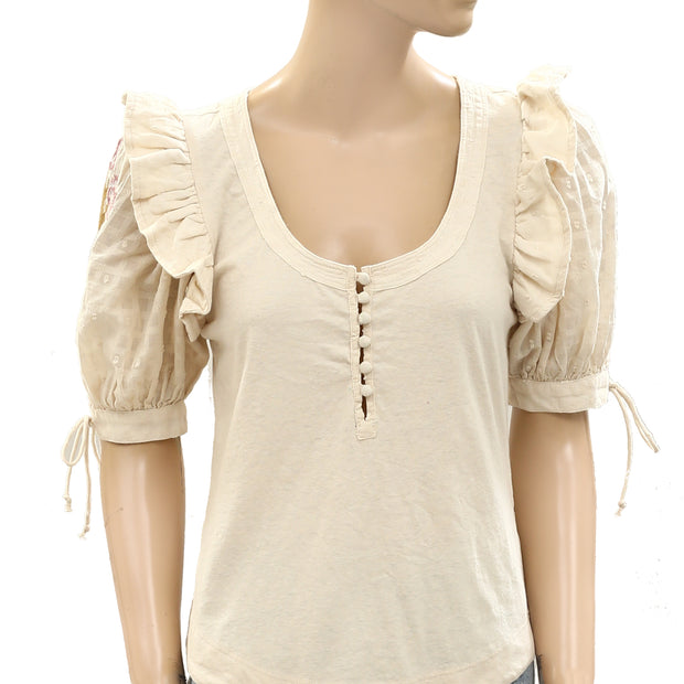 By Anthropologie Floral Embroidered Puff-Sleeve Blouse Top