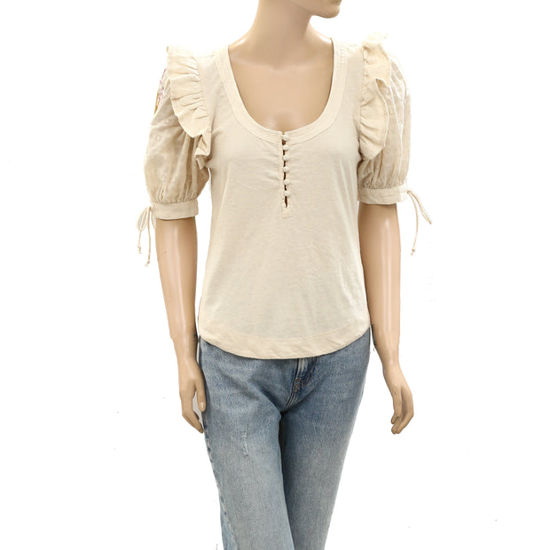 By Anthropologie Floral Embroidered Puff-Sleeve Blouse Top