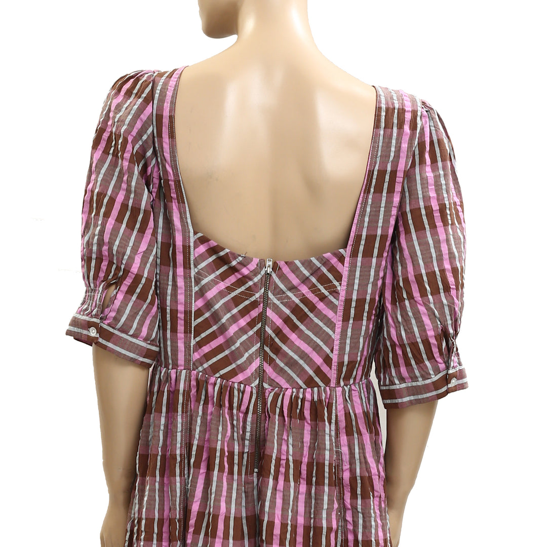 tulie plaid midi dress Brown WOMAN V-Neck Plaid Tulle Midi Dress 3497977