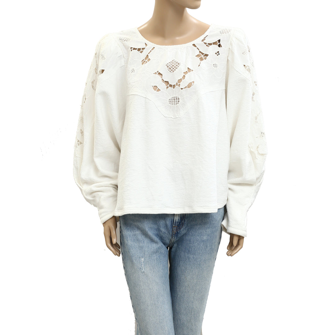 By Anthropologie Lace Cutwork Mutton-Sleeve Blouse Top