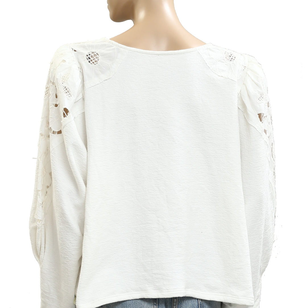 By Anthropologie Lace Cutwork Mutton-Sleeve Blouse Top