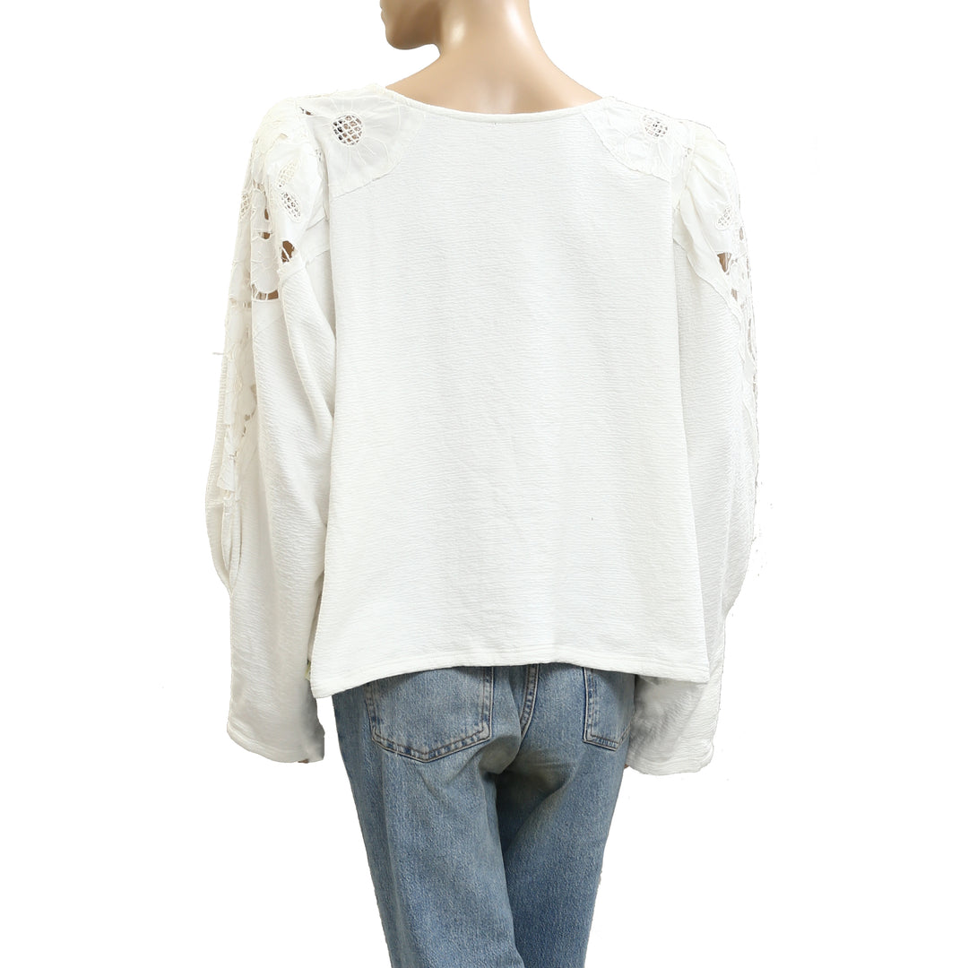 By Anthropologie Lace Cutwork Mutton-Sleeve Blouse Top