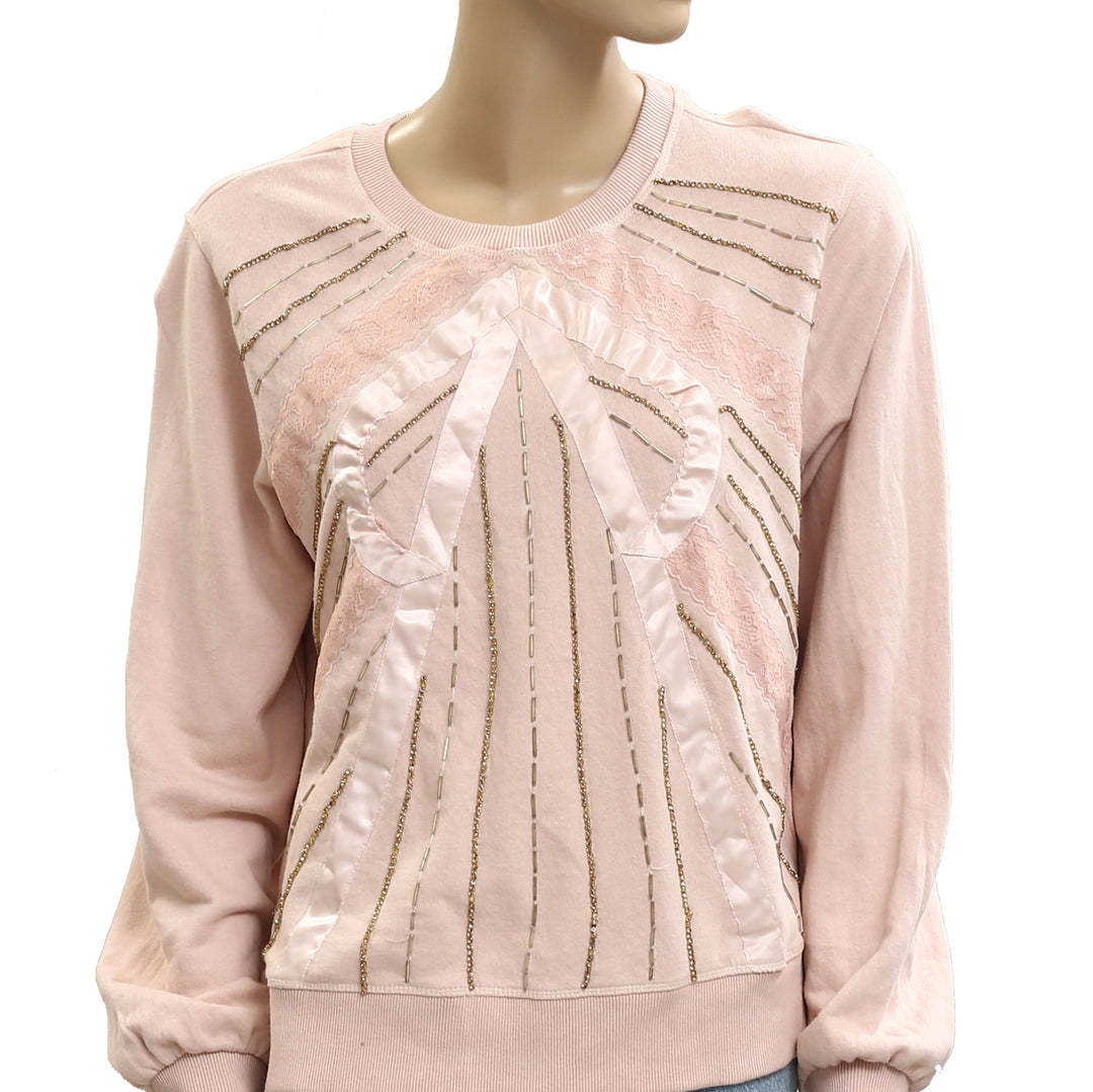 Anthropologie Beaded Bow Sweatshirt Top