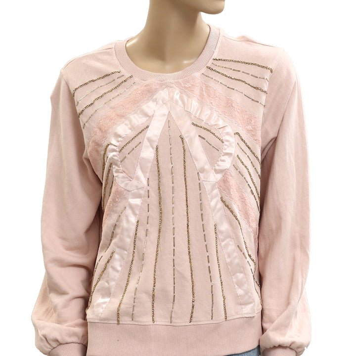 Anthropologie Beaded Bow Sweatshirt Top