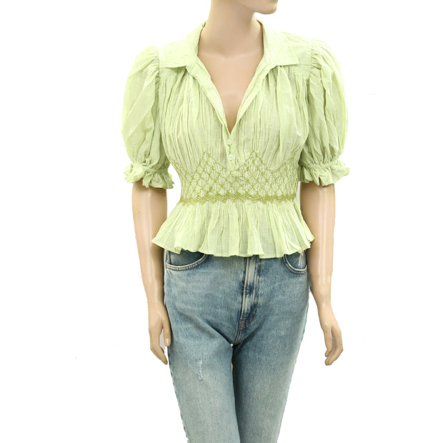 By Anthropologie Short-Sleeve Smocked Blouse Top