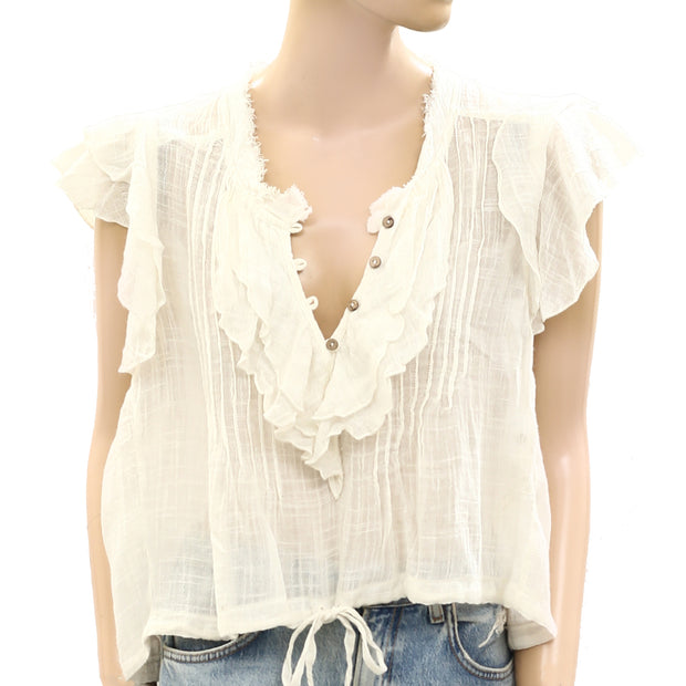 Free People FP One Naya Top Ruffle V-Neck Short Sleeve Blouse Shirt