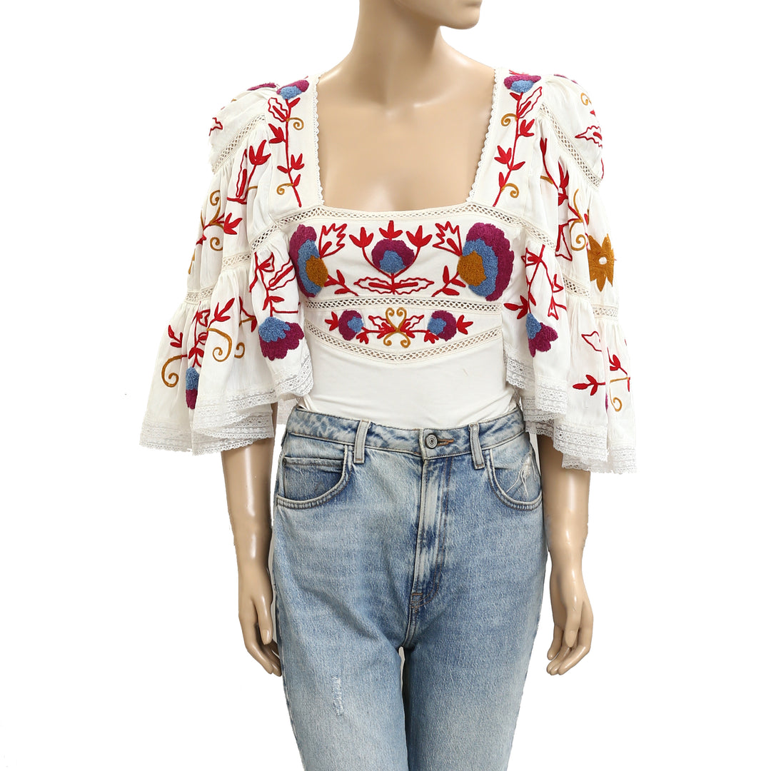 Free People Sunny Meadow Floral Embroidered Bodysuit Top