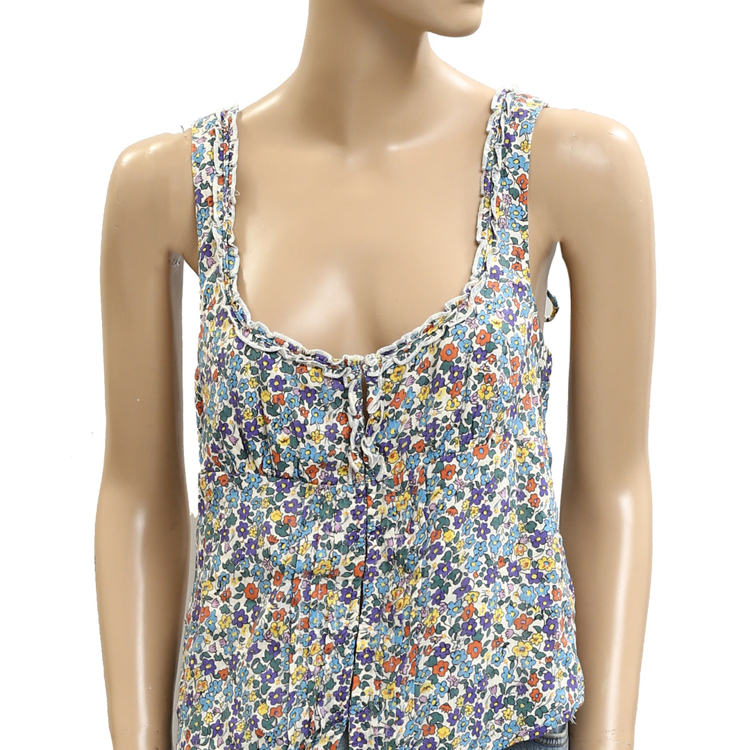 Free People Ellia Printed Floral Smocked Ruffle Blouse Top