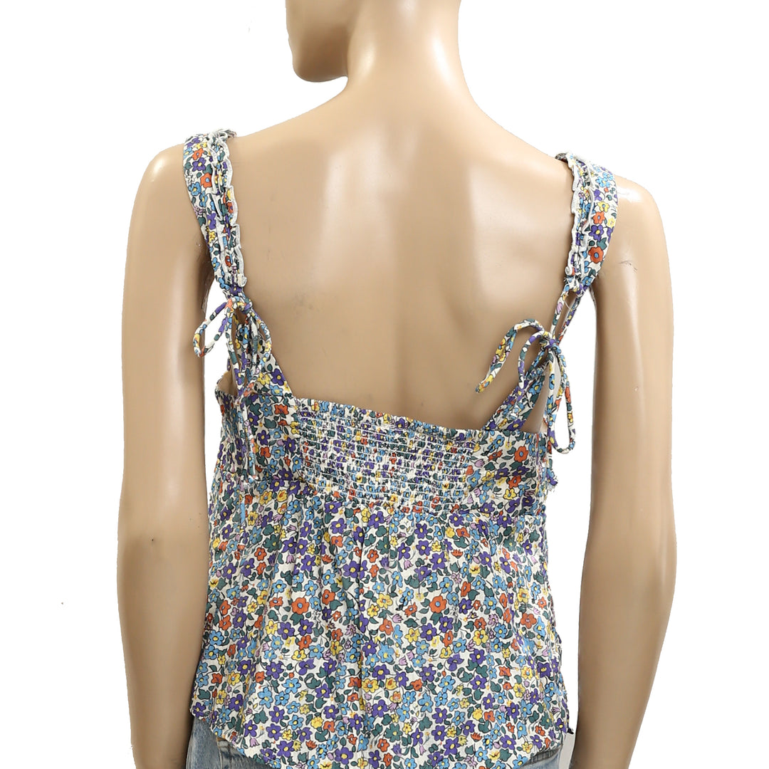 Free People Ellia Printed Floral Smocked Ruffle Blouse Top