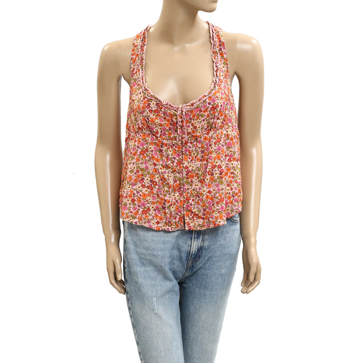 Free People Ellia Printed Floral Smocked Ruffle Blouse Top