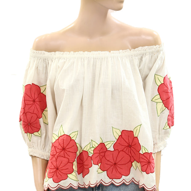 The Great Floral Embroidered Smocked Cotton Short Sleeve Blouse Top