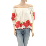 The Great Floral Embroidered Smocked Cotton Short Sleeve Blouse Top