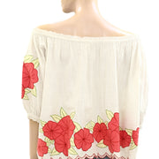 The Great Floral Embroidered Smocked Cotton Short Sleeve Blouse Top