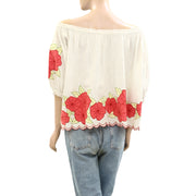 The Great Floral Embroidered Smocked Cotton Short Sleeve Blouse Top