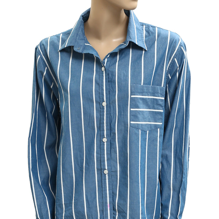 Kerri Rosenthal Striped Print Buttondown Short Sleeve Blouse Shirt Top