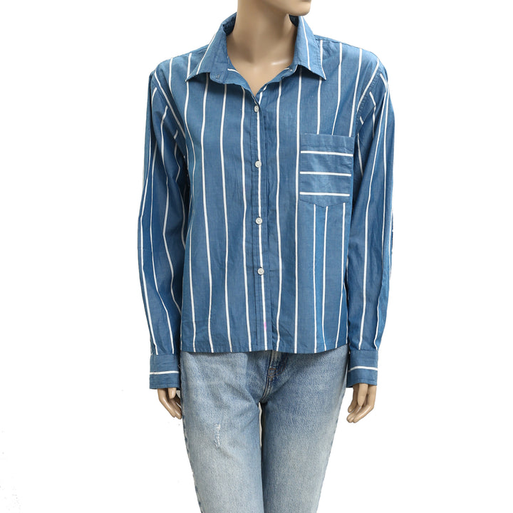 Kerri Rosenthal Striped Print Buttondown Short Sleeve Blouse Shirt Top