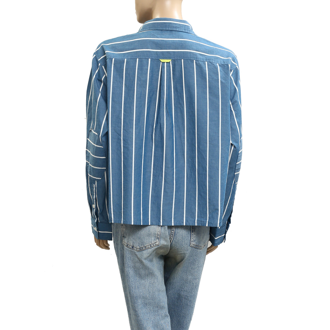 Kerri Rosenthal Striped Print Buttondown Short Sleeve Blouse Shirt Top