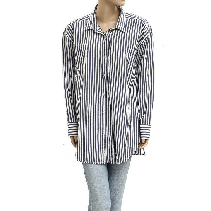 Kerri Rosenthal Striped Printed Long Sleeve Cotton Tunic Shirt Top