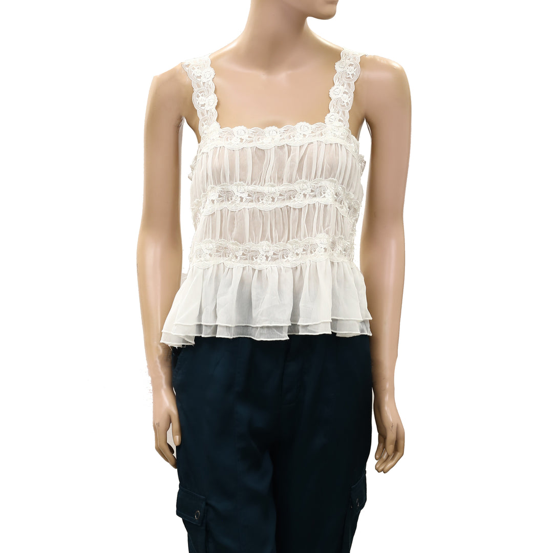 By Anthropologie Shirred Lace Tank Women's Blouse Top
