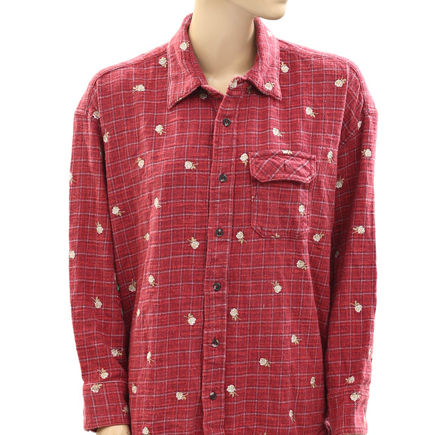 BDG Urban Outfitters Dani Embroidered Flannel Shirt Tunic Top