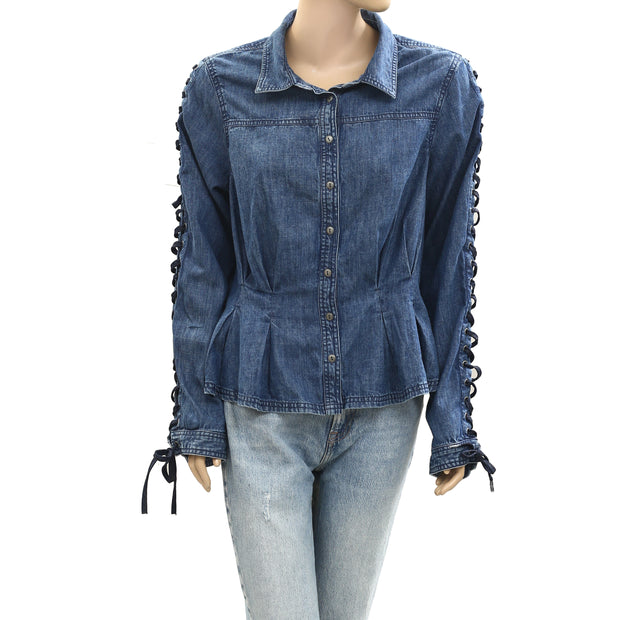 Free People Lala Lace Button Down Shirt Top