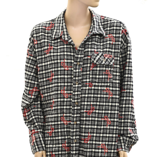 BDG Urban Outfitters Dani Embroidered Flannel Shirt Tunic Top