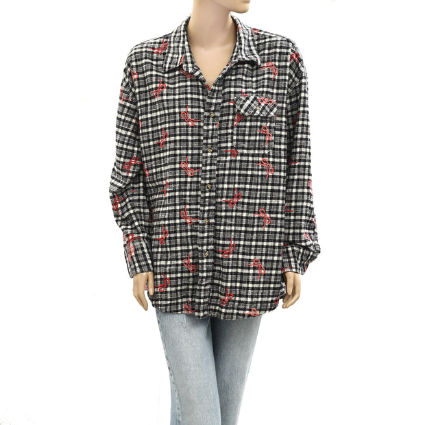 BDG Urban Outfitters Dani Embroidered Flannel Shirt Tunic Top