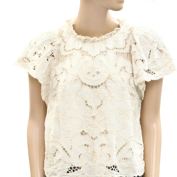 By Anthropologie The Lainie High-Neck Linen Cutwork Blouse Top