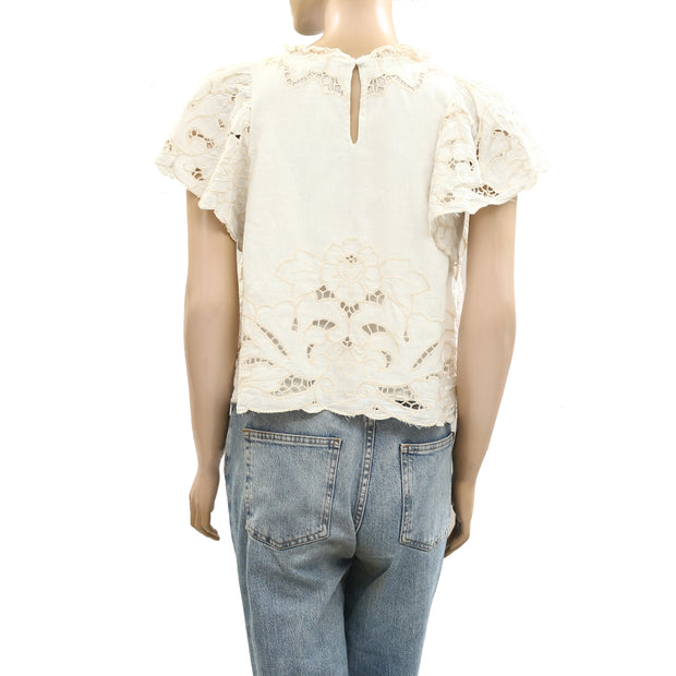 By Anthropologie The Lainie High-Neck Linen Cutwork Blouse Top