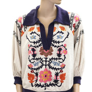 Anthropologie Floral Embroidered Blouse Pullover Top