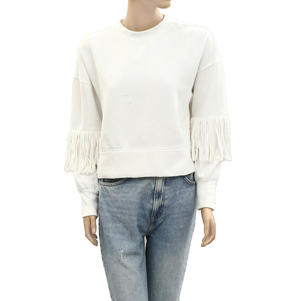 Maeve Anthropologie Fringe-Sleeve Crew Neck Sweatshirt Top