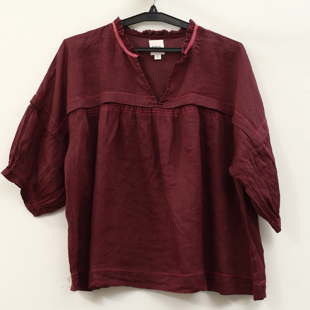 Anthropologie Maeve Balloon-Sleeve V-Neck Stitched Blouse Top