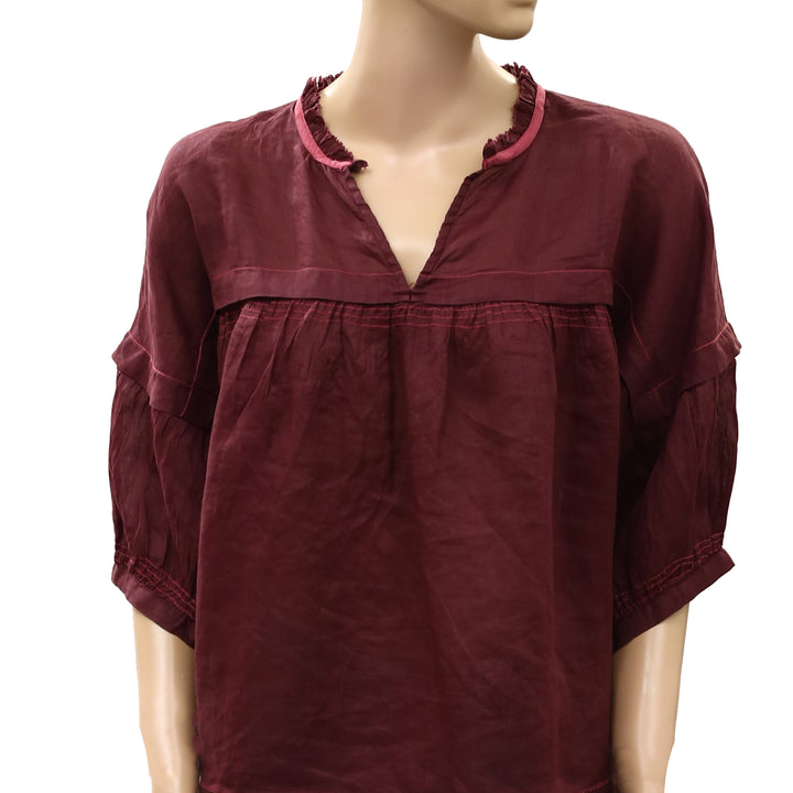 Anthropologie Maeve Balloon-Sleeve V-Neck Stitched Blouse Top