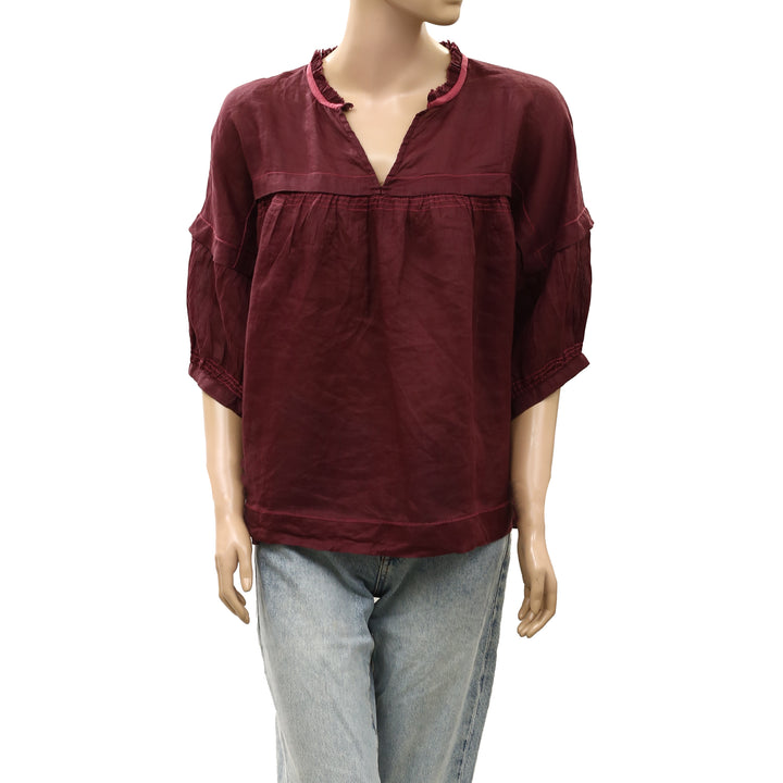 Anthropologie Maeve Balloon-Sleeve V-Neck Stitched Blouse Top