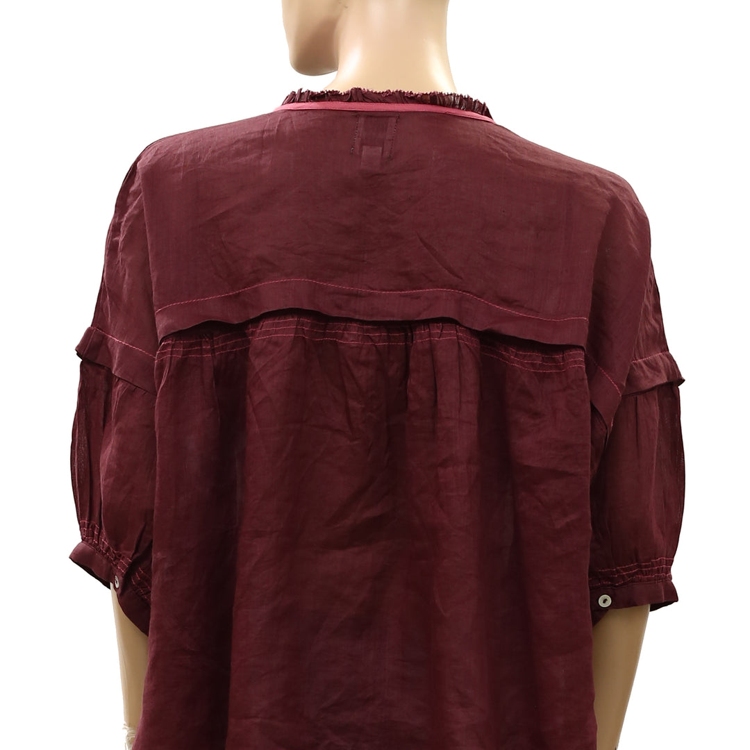 Anthropologie Maeve Balloon-Sleeve V-Neck Stitched Blouse Top