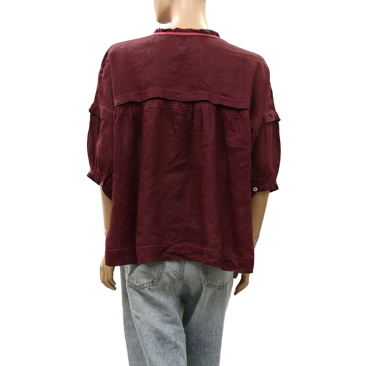 Anthropologie Maeve Balloon-Sleeve V-Neck Stitched Blouse Top
