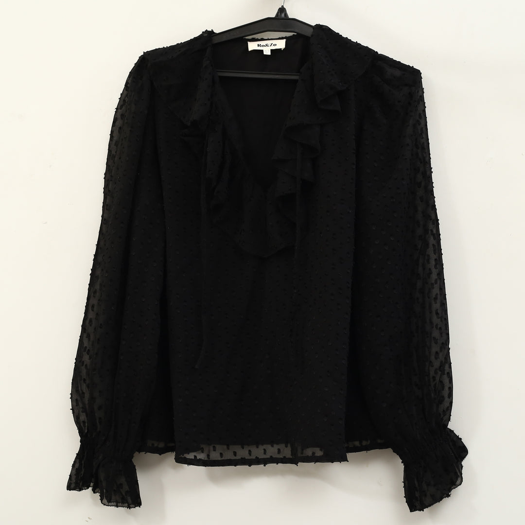 Ro&Zo Black Dobby Ruffle Front Blouse Top