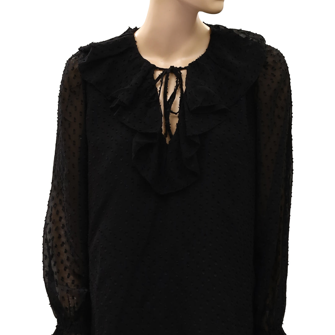 Ro&Zo Black Dobby Ruffle Front Blouse Top