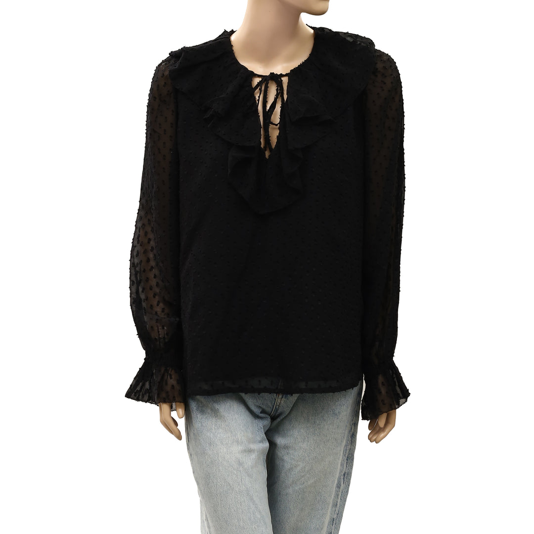 Ro&Zo Black Dobby Ruffle Front Blouse Top